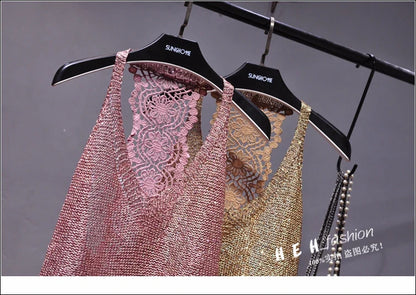 Yan Li  Sexy Shoulders and Heart Leakage Hang Sequined Jacket Neck Lace Knitting Wear Outside Hang Back  Sleeveless Top Women