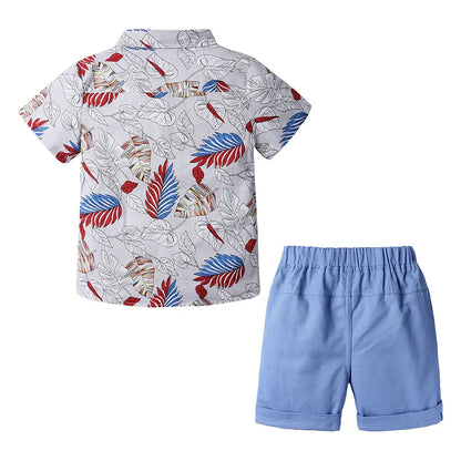 Toddler Baby Boys Sets Summer Hawaiian Outfit Infant Kids Floral Print Short Sleeve Shirt Bowtie Shirt+Shorts Gentleman Suits