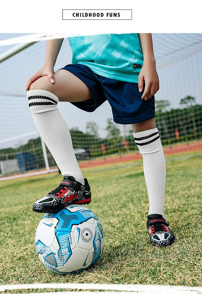 Children Football Shoes Soccer Boots Kids Boy Girl Sneakers New Leather High Top Soccer Cleats Training Outdoor Hook & Loop