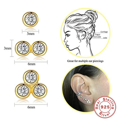 3pcs/set Bling Zircon Earring 925 Sterling Silver Cute Mini Heart Star Stud Earrings Ear Bone Earlobe Piercing Jewerly