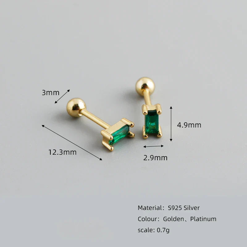 925 Sterling Silver Colorful Square Shiny Zircon Beads Piercing Stud Earrings for Women Fashion Gothic Exquisite Jewelry