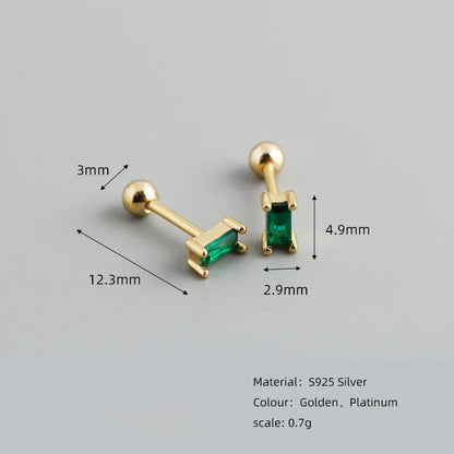 925 Sterling Silver Colorful Square Shiny Zircon Beads Piercing Stud Earrings for Women Fashion Gothic Exquisite Jewelry
