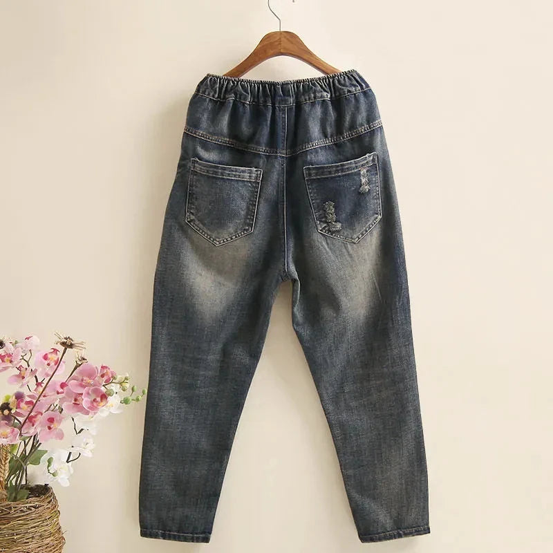 Women Embroidery Retro Denim Jeans