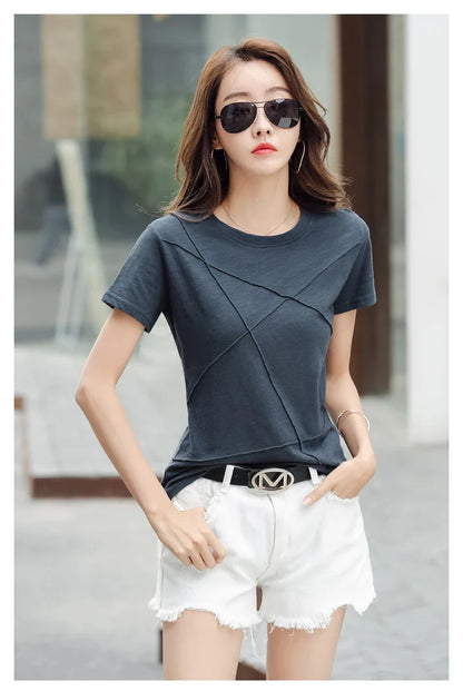Summer Slim Cotton Bamboo T-Shirts Women 2026 O-Neck Short Sleeve Ribbed Tshirts Female Casual Solid Color Tops