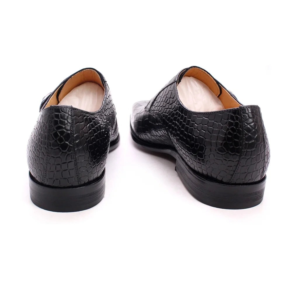 Men's Luxury Italian Real Leather Pointed Toe Double Buckle Formal Business Black Shoes Alligator Print for Business Casual Wear