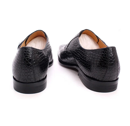 Men's Luxury Italian Real Leather Pointed Toe Double Buckle Formal Business Black Shoes Alligator Print for Business Casual Wear