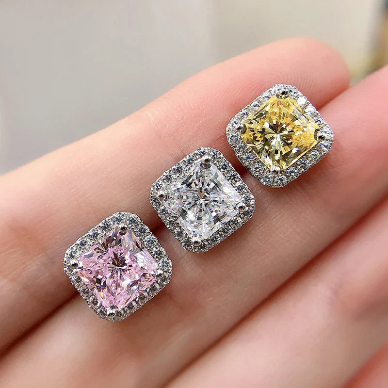 100% 925 Sterling Silver 7*7mm Pink Yellow High Carbon Diamond Stud Earrings For Women Sparkling Wedding Fine Jewelry Gift