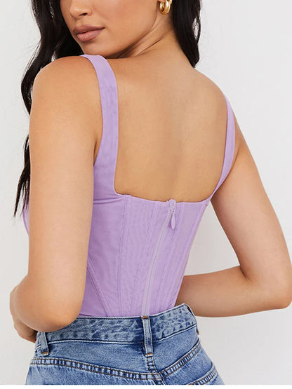 NewAsia Boning Corset Top Zipper 2Layer Elastic Solid Color Square Neck Slim Fit Bustier Women Summer Crop Tank Top Fashion Vest