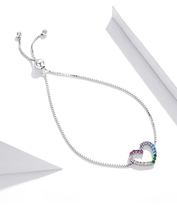 925 Sterling Silver Colorful Heart Pattern Adjustable Bracelet Love Zircon Chain for Women Fine Jewelry SCB216