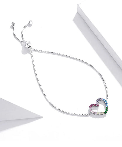 925 Sterling Silver Colorful Heart Pattern Adjustable Bracelet Love Zircon Chain for Women Fine Jewelry SCB216