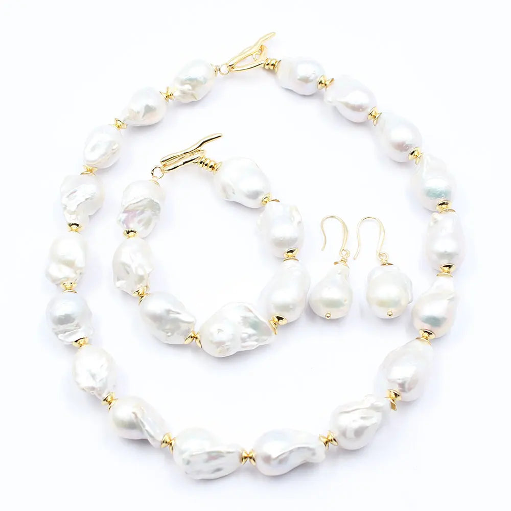 GG Natural Freshwater Cultured White Keshi Baroque Pearl Necklace Bracelet Earrings Sets For Women Lady Fashion
