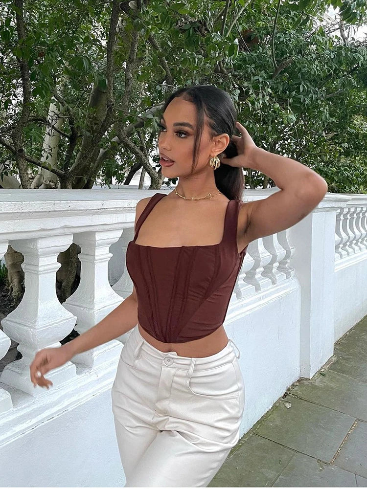 NewAsia Boning Corset Top Zipper 2Layer Elastic Solid Color Square Neck Slim Fit Bustier Women Summer Crop Tank Top Fashion Vest