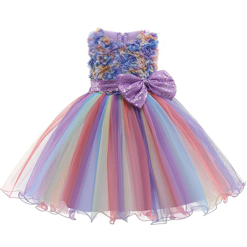 High Quality Summer Girls Dress Rainbow Mesh Bow Birthday Party Dance Costume Little Princess Dress Kids Clothes 1-10 Years Old