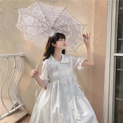 Japanese Sweet Girl Lolita Dress White 2021 Summer Kawaii Peter Pan Collar Cute Ruffle Puff Sleeve Drees Elegant Lady Dresses