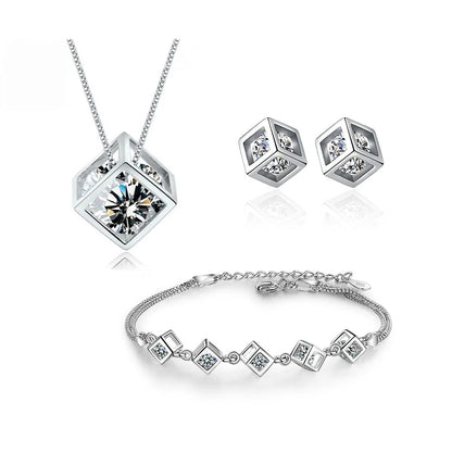ANENJERY Silver Color Luxury Shiny Square Cube Necklace Earrings Bracelet For Women Gift Zircon Anniversary Gift