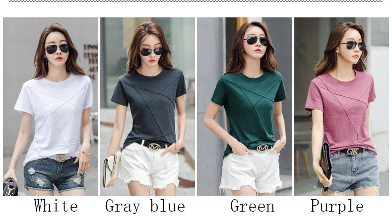 Summer Slim Cotton Bamboo T-Shirts Women 2026 O-Neck Short Sleeve Ribbed Tshirts Female Casual Solid Color Tops