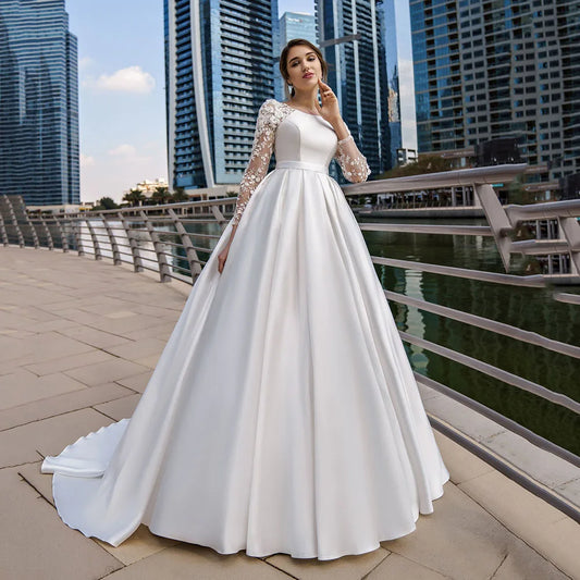 Dubai Modest Wedding Dresses Lace Long Sleeve Satin Bride Dress With Belt Women Elegant Wedding Party Gowns Customized