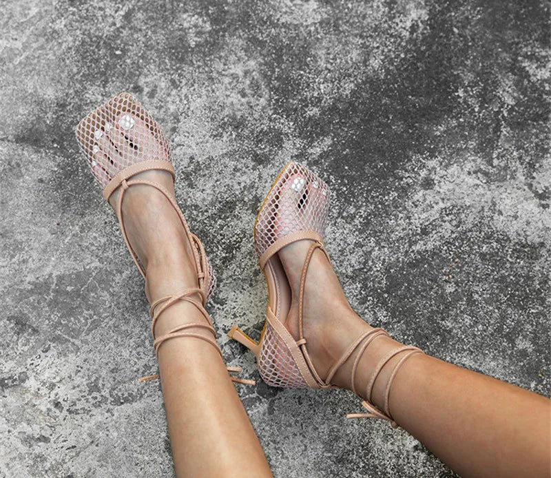 Fashion Hollow Breathable Mesh Square Toe Stiletto High Heels Women Pumps Ankle Lace-Up Elegant Dress Ladies Shoes