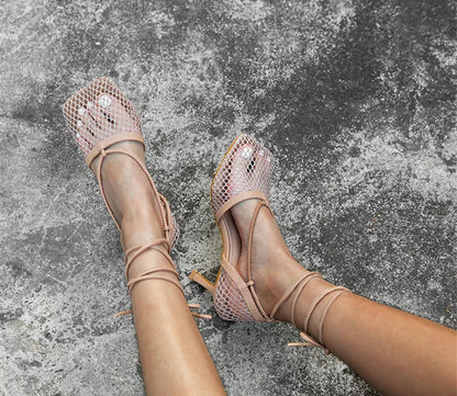 Fashion Hollow Breathable Mesh Square Toe Stiletto High Heels Women Pumps Ankle Lace-Up Elegant Dress Ladies Shoes