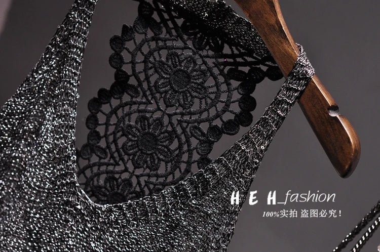 Yan Li  Sexy Shoulders and Heart Leakage Hang Sequined Jacket Neck Lace Knitting Wear Outside Hang Back  Sleeveless Top Women