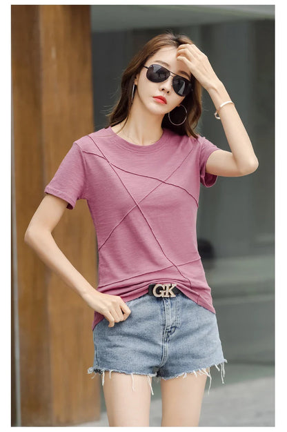 Summer Slim Cotton Bamboo T-Shirts Women 2026 O-Neck Short Sleeve Ribbed Tshirts Female Casual Solid Color Tops