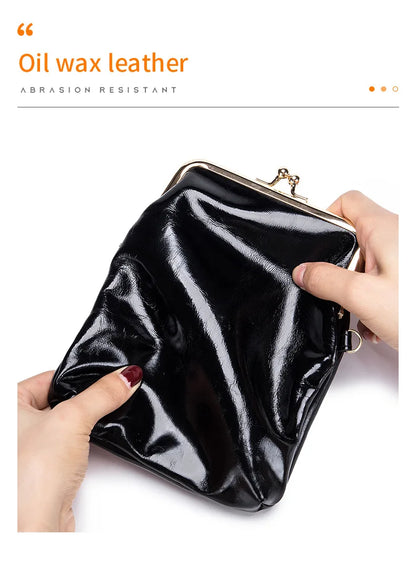 Vintage Genuine Leather Women Clip Bags Small Chain Crossbody Bag Fashion Kiss Lock Phone Bags High Quality Daily Purse Bag
