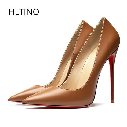 12CM Brown Patent Leather Pumps Women Red Bottom Heels Elegant High Heeled Stilettos Evening Shoe for Party