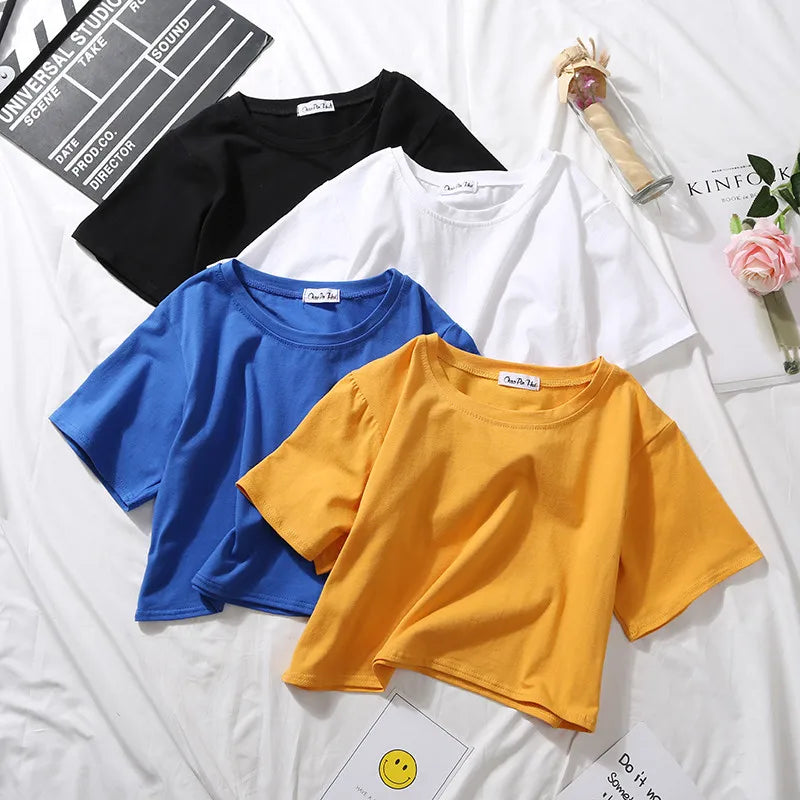 Summer Short Sleeve T Shirts Women  Solid T-shirt O Neck High Waist Crop Top Tee Female Casual Loose T Shirt