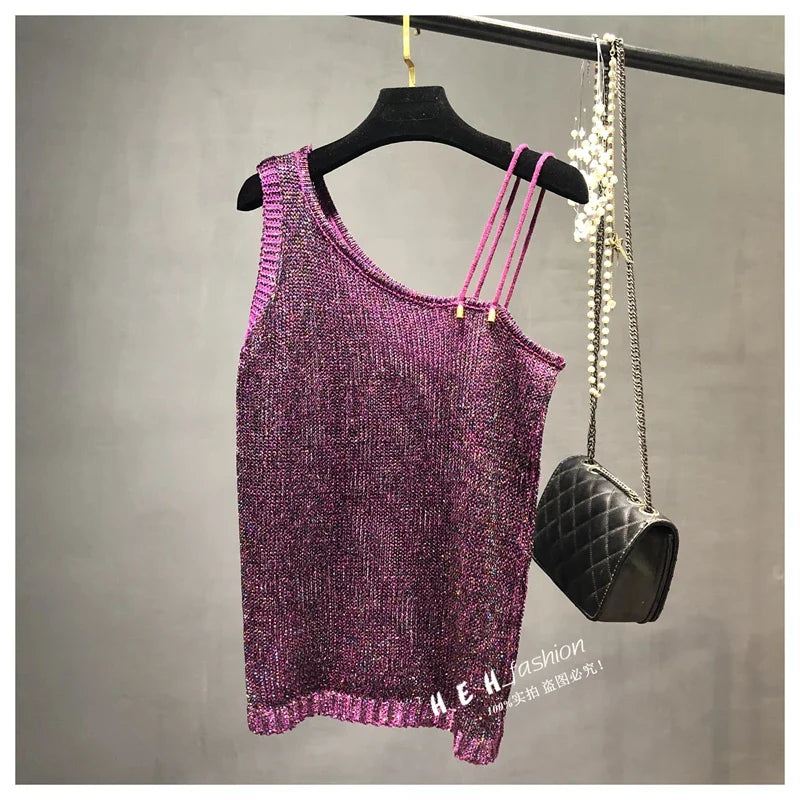 Summer New Sexy Inclined Shoulder Joker Sweater Vest Show Thin Shiny Bright Silk Easy Ins Condole Top Female