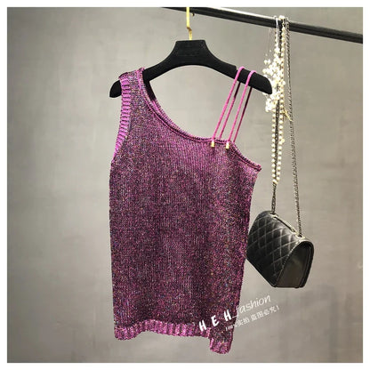 Summer New Sexy Inclined Shoulder Joker Sweater Vest Show Thin Shiny Bright Silk Easy Ins Condole Top Female
