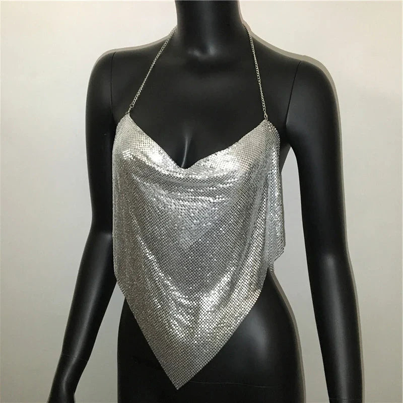 Women Solid Sequined Metal Camis Top 2025 Sexy Halter Backless V Strappy Party Nightclub Vest Cropped Tops