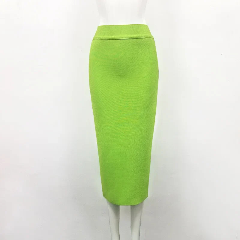 Women Candy Color Sexy Neon Green Brown Orange Yellow Knee Length Bandage Pencil Skirt 2020 Designer Skirt Faldas 78cm