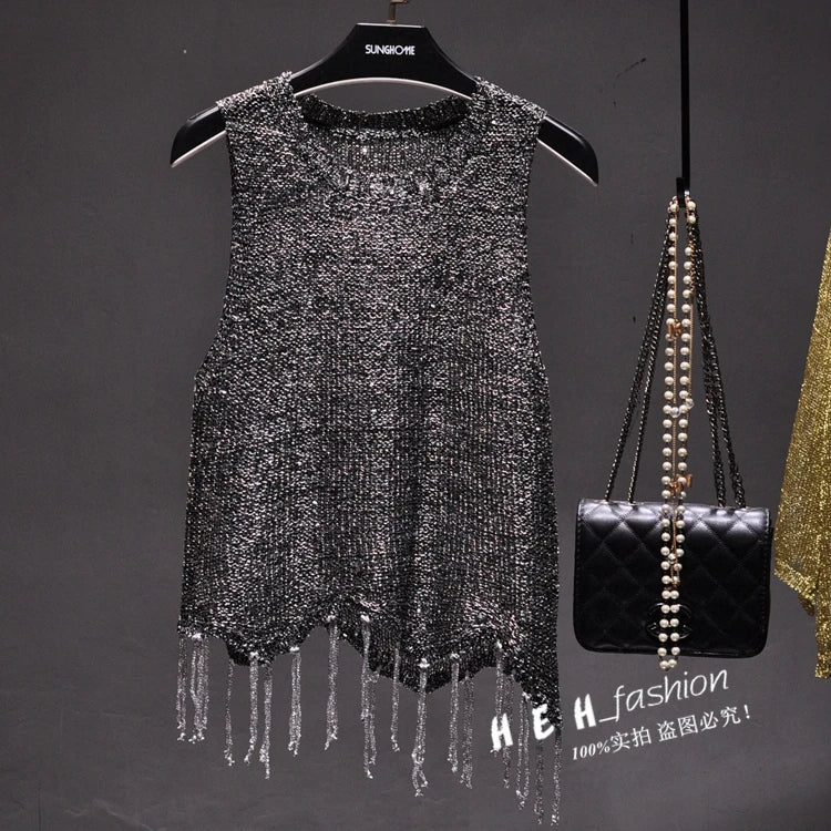Sexy Shiny Gold Silver Knitted Tank Tops Women Bling Bling Sequined Tassels Knitted Vest  All Neon Store Clothes  Korean