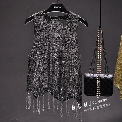 Sexy Shiny Gold Silver Knitted Tank Tops Women Bling Bling Sequined Tassels Knitted Vest  All Neon Store Clothes  Korean