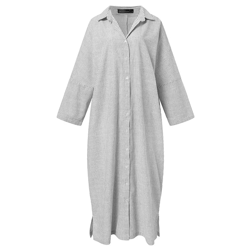 2025 Stripe Printed Beach Party Sundress Spring Fall Bohemian Women Long Sleeve Lapel Dress Fashion Casual Loose Vestidos