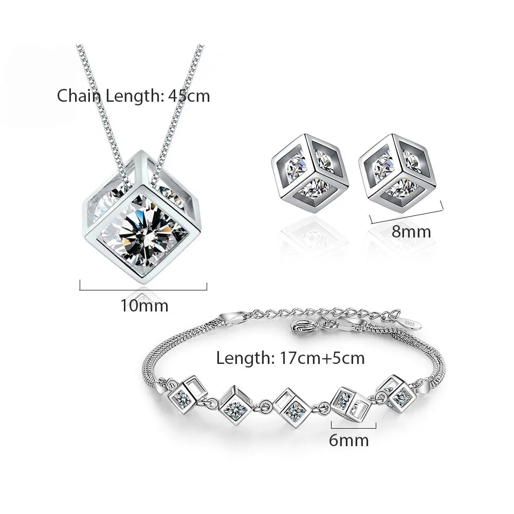 ANENJERY Silver Color Luxury Shiny Square Cube Necklace Earrings Bracelet For Women Gift Zircon Anniversary Gift