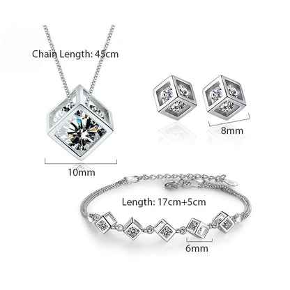 ANENJERY Silver Color Luxury Shiny Square Cube Necklace Earrings Bracelet For Women Gift Zircon Anniversary Gift