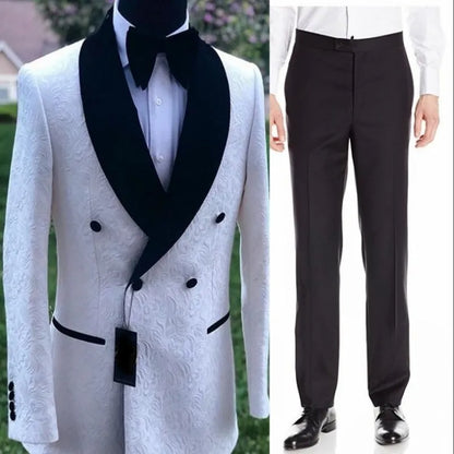 White Pattern Groom Tuxedos Shawl Satin Lapel Men Suits 2 Pieces Wedding Bridegroom ( Jacket + Pants + Tie  ) D201