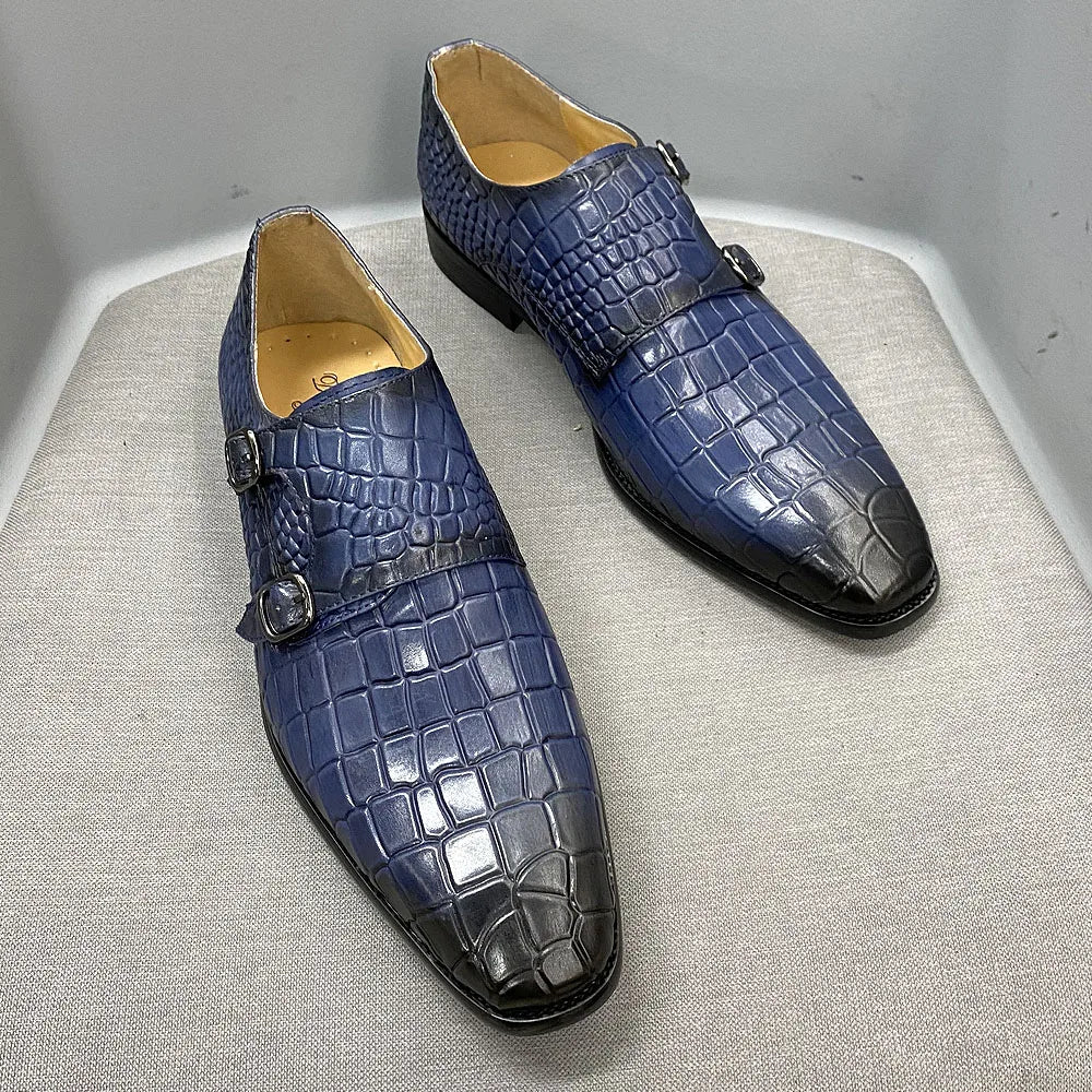 Men's Luxury Italian Real Leather Pointed Toe Double Buckle Formal Business Black Shoes Alligator Print for Business Casual Wear