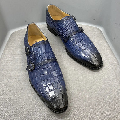 Men's Luxury Italian Real Leather Pointed Toe Double Buckle Formal Business Black Shoes Alligator Print for Business Casual Wear