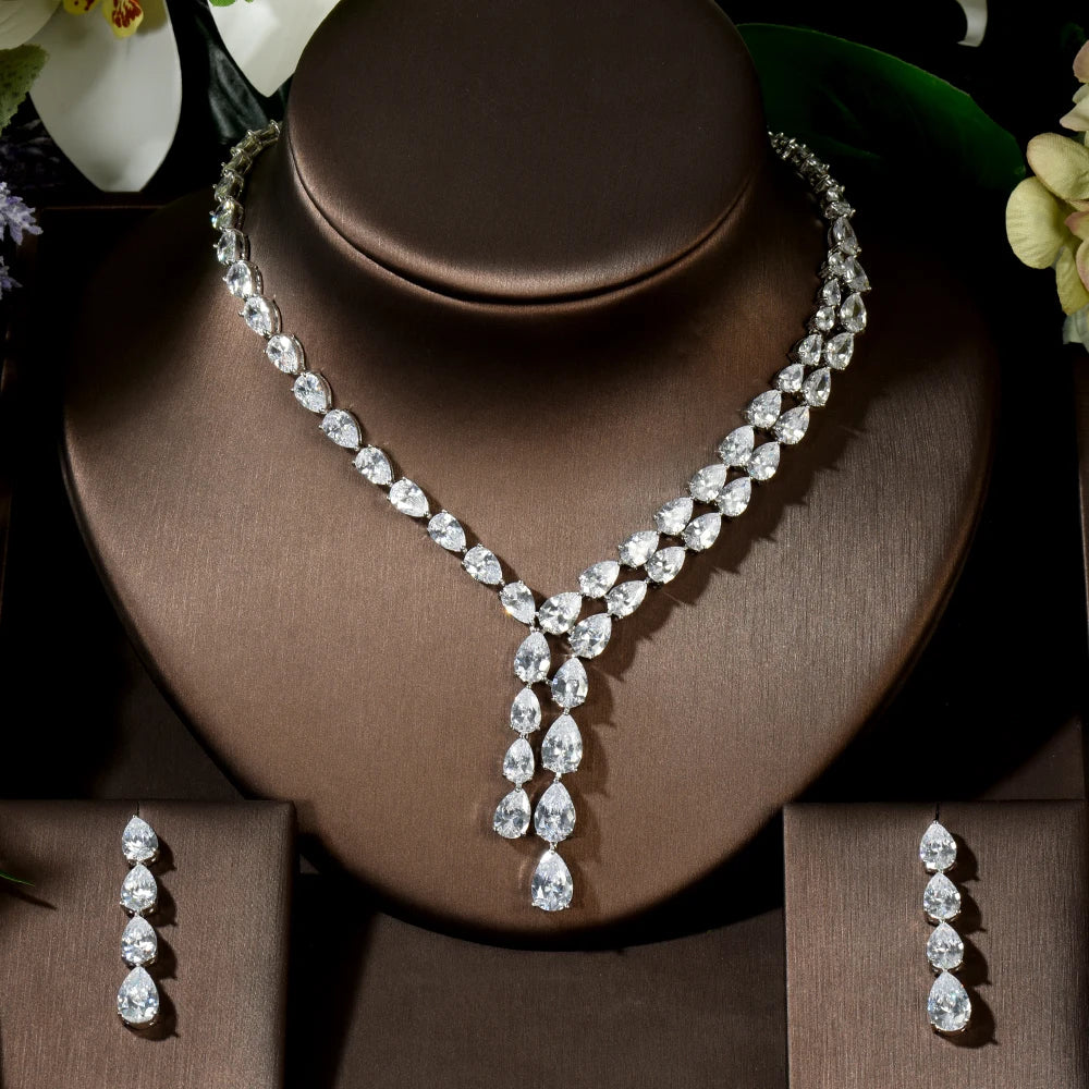 Clear Best Quality Brilliant Crystal Zircoina Earrings And Necklace Bridal Jewelry Set Wedding Dress Accessories N-1453