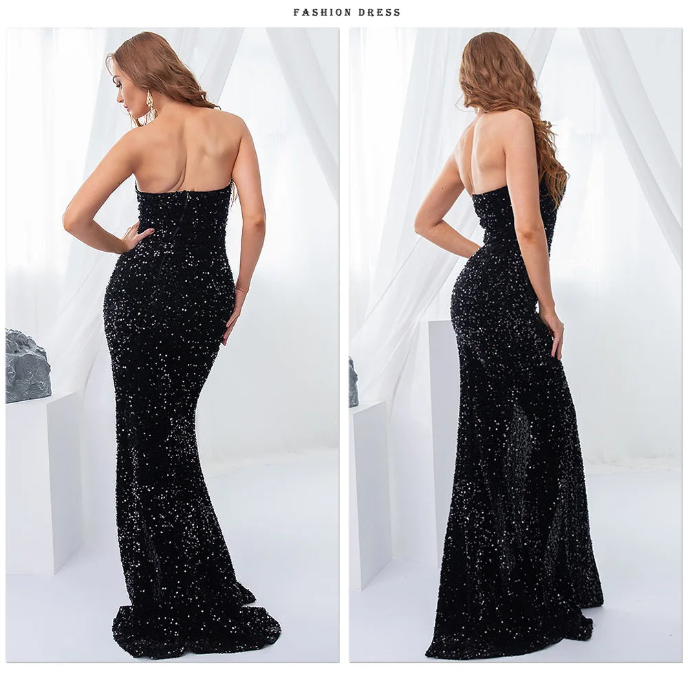 Luxury Sequin Strapless Evening Party Dresses Stretch Velvet Sexy Slit Leg Padded Long Cocktail Prom Dress Wedding Gown