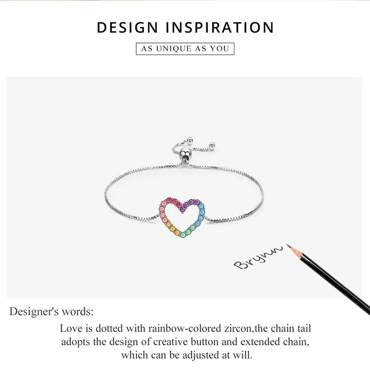 925 Sterling Silver Colorful Heart Pattern Adjustable Bracelet Love Zircon Chain for Women Fine Jewelry SCB216