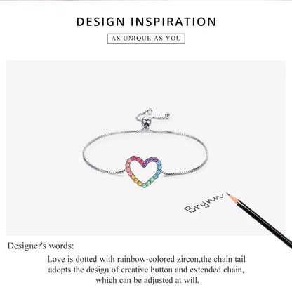 925 Sterling Silver Colorful Heart Pattern Adjustable Bracelet Love Zircon Chain for Women Fine Jewelry SCB216