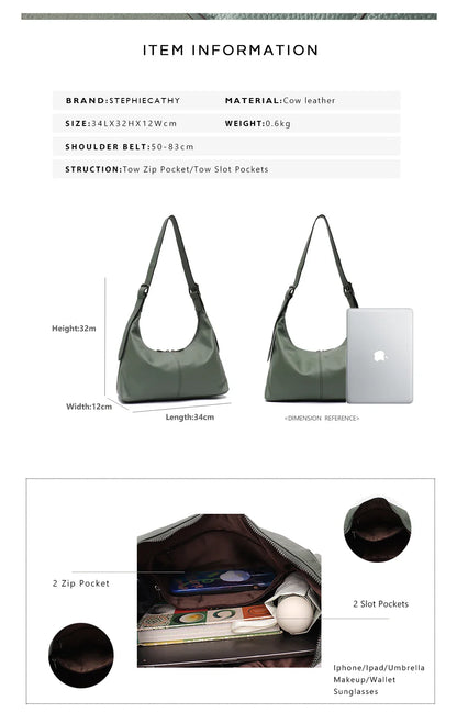 Luxury Women Cowhide Crossbody Bag Large Casual Shoulder Purse Wide Strap Handbag Female Daily 100% Genuine Leather Hobo Sack