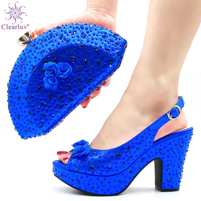 Italian Women Shoes and Bag Set Decorated with Rhinestone In Party African Italian Shoes and Bag Set Party Shoes Bag