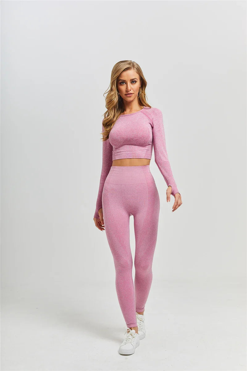 Women Seamless Yoga Set Fitness Sports Suits Gym Clothing Long Sleeve Crop Top Shirts High Waist Running Leggings Workout Pants