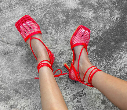 Fashion Hollow Breathable Mesh Square Toe Stiletto High Heels Women Pumps Ankle Lace-Up Elegant Dress Ladies Shoes