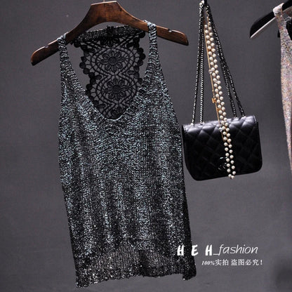 Yan Li  Sexy Shoulders and Heart Leakage Hang Sequined Jacket Neck Lace Knitting Wear Outside Hang Back  Sleeveless Top Women