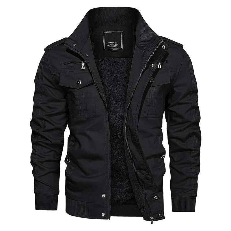 Men's Fleece Jackets Windbreaker Coats Fall Winter Thermal Bomber Jackets Multi-pockets Stand Collar Motorcycle Jacket